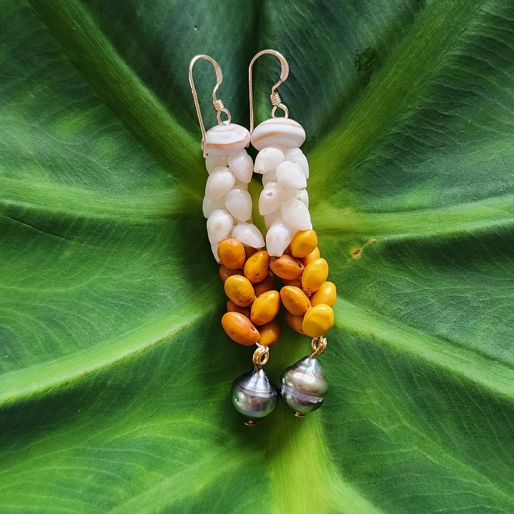Handmade Momi Niihau and Mamane Pikake Earrings with Tahitian Pistachio Pearls